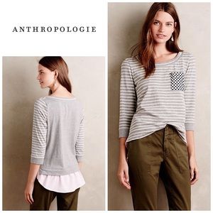Anthropologie Little Button Gray Striped Knit Top with Polka Dot Pocket